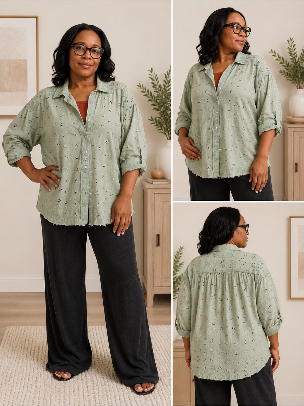 We The Free Sage Green Eyelet Button-Down Shirt